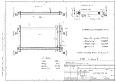 Akseli jarruton 800kg jarruton tandem AL-KO akseli laippaväli 1530mm 4X100 - AL-KO ja bpw - 12915 - 1